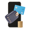 E-wallet in a phone with bank card, stack of coins and leather wallet