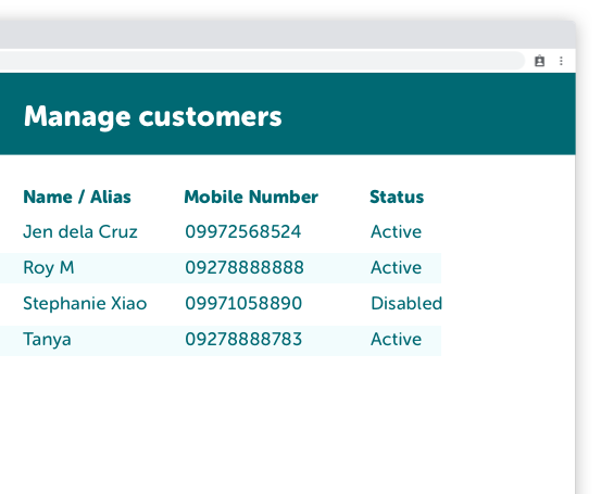 Screenshot of customer admin page