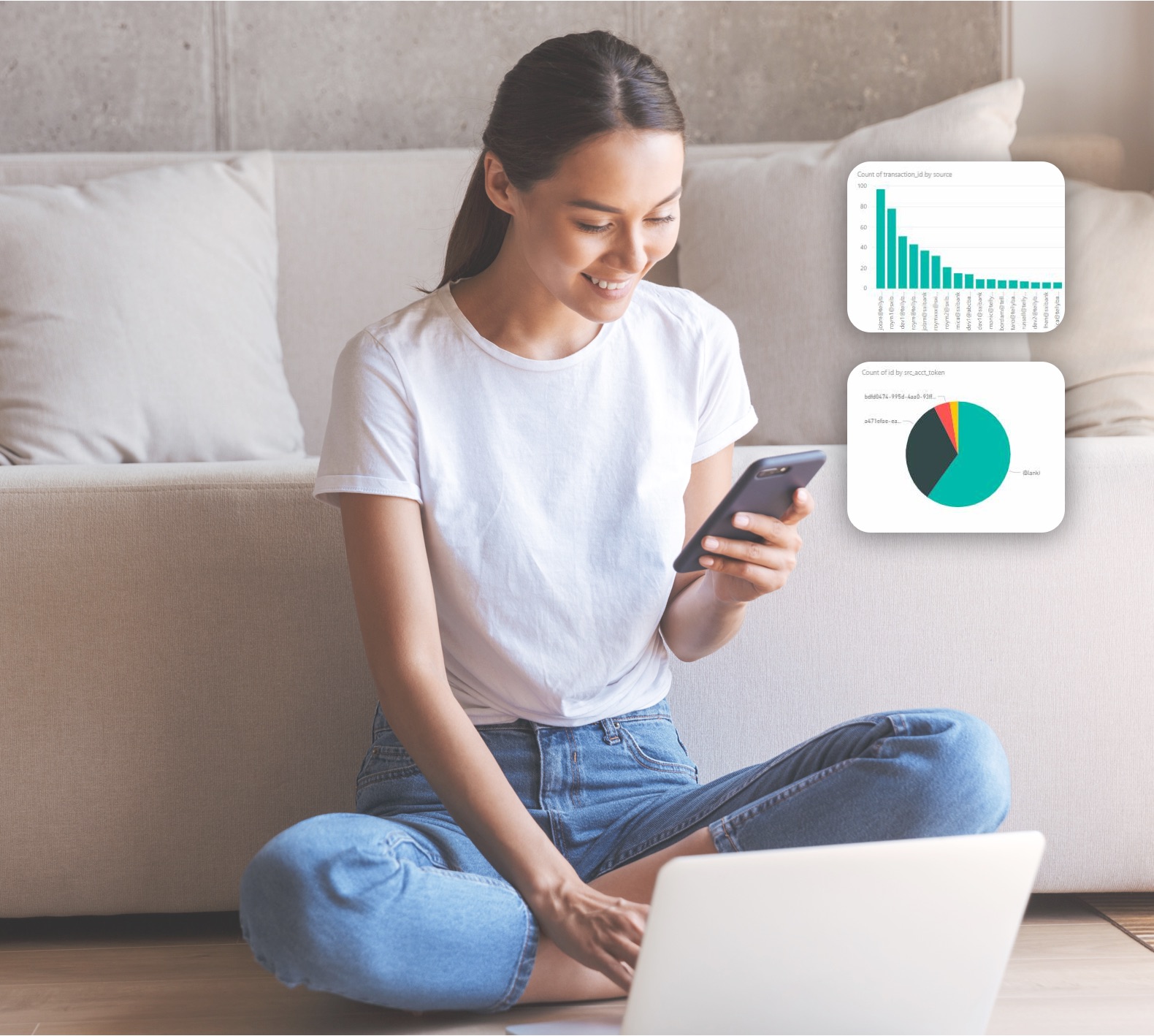 attractive lady holding phone with charts and graphs floating around her